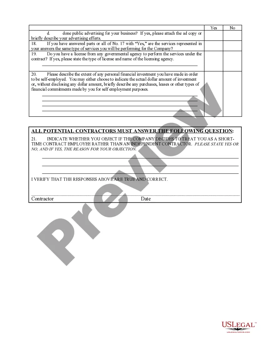 Get Self-Employed Independent Contractor Questionnaire Preview Self-Employed Independent Contractor Questionnaire