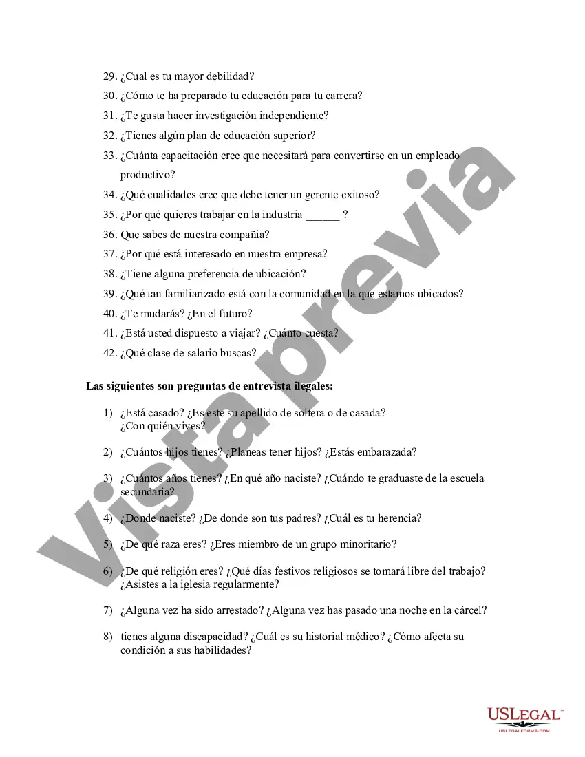 Preview Lista de verificación de preguntas de entrevista de contratación estándar e ilegal