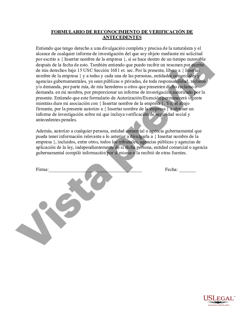 Preview Formulario de reconocimiento de verificación de antecedentes