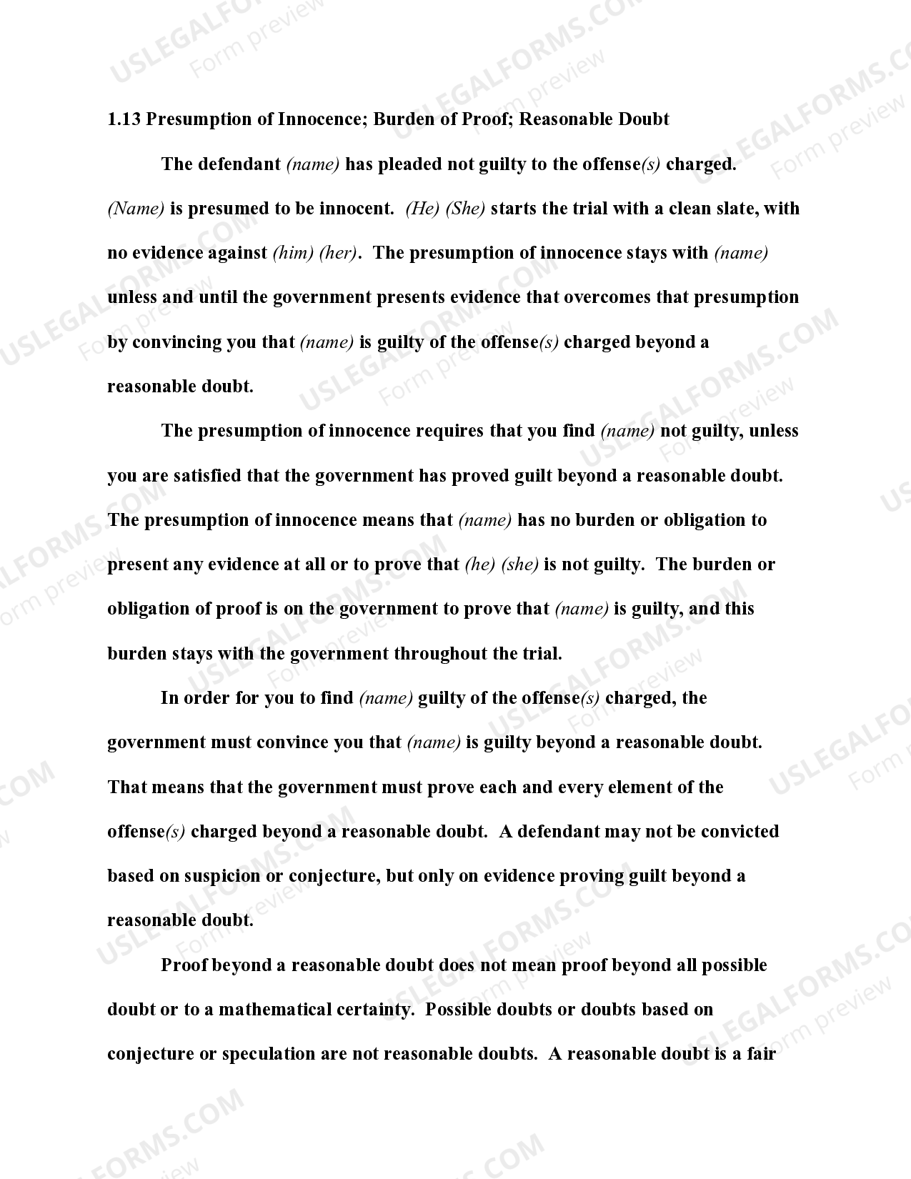 Presumption of Innocence; Burden of Proof; Reasonable Doubt US Legal