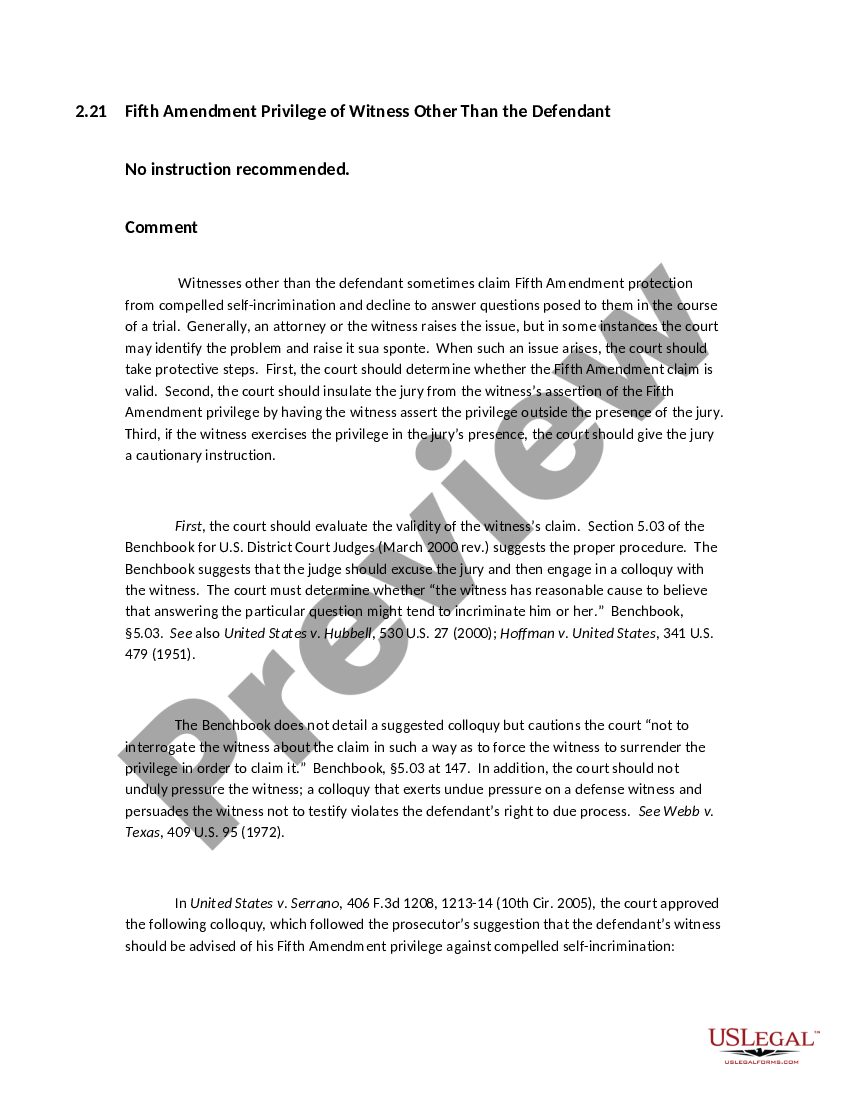 Fifth Amendment Privilege of Witness Other Than the Defendant US Legal Forms