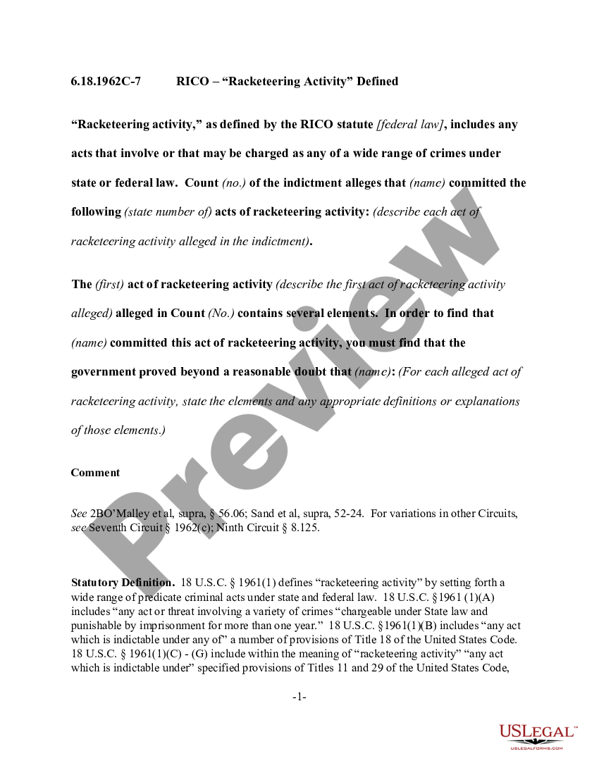 RICO "Racketeering Activity" Defined US Legal Forms