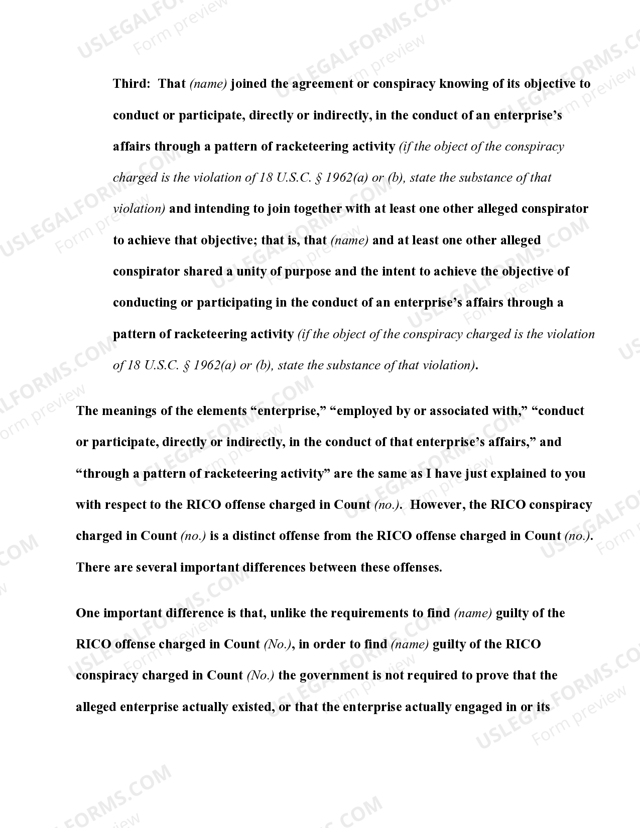 RICO Conspiracy; Elements of the Offense (18 U.S.C. Sec.1962(d)) US