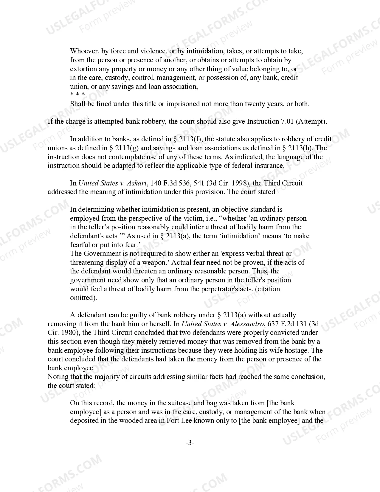 Preview Bank Robbery - Unarmed - Elements of the Offense (18 U.S.C. Sec. 2113(a))