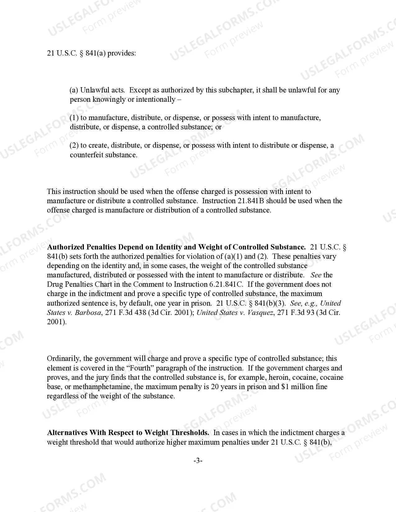 Preview Possession with Intent to (Manufacture) (Distribute) a Controlled Substance (21 U.S.C. Sec. 841(a) & (b))