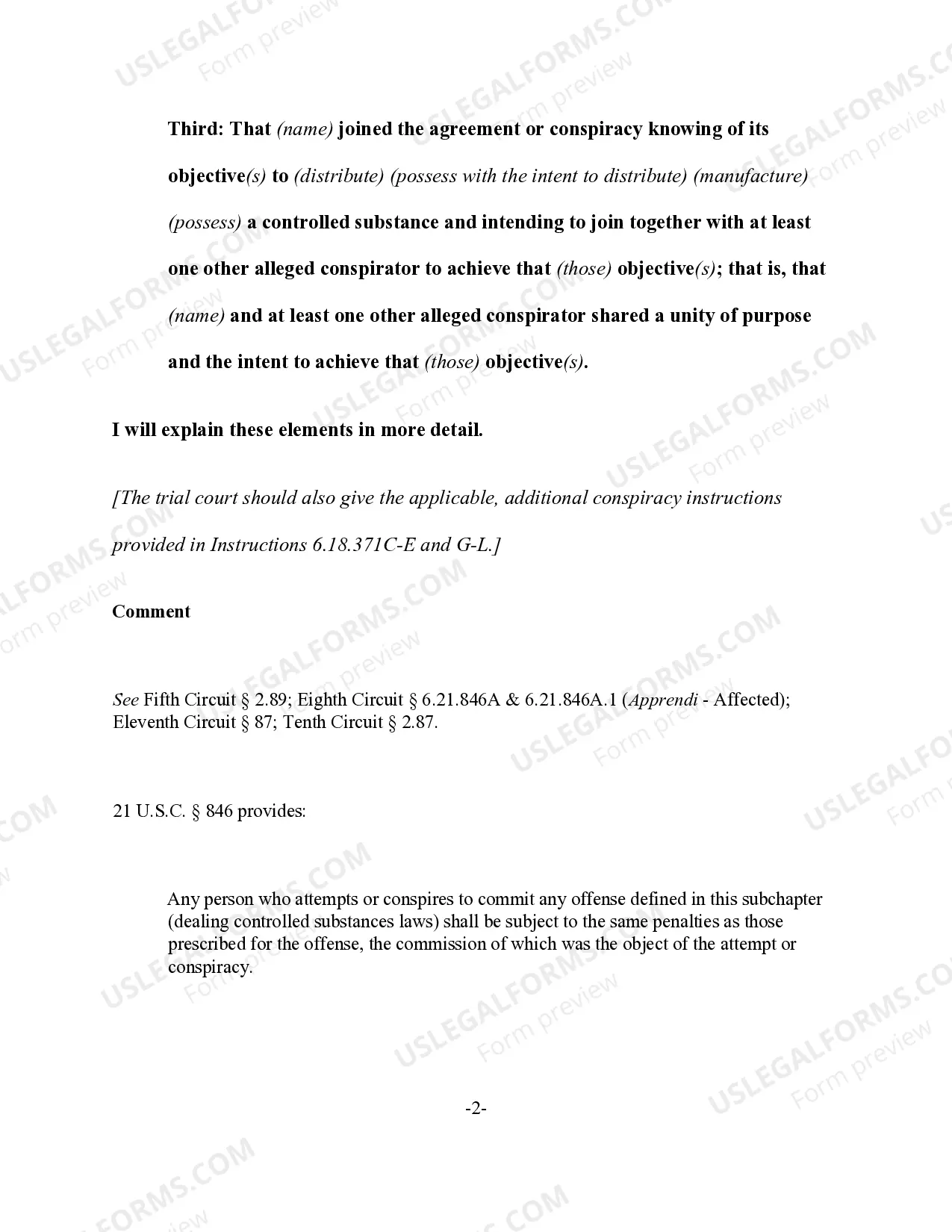 Preview Conspiracy to (Distribute) (Possess with Intent to Manufacture / Distribute) (Manufacture) (Possess) a Controlled Substance (21 U.S.C. Sec. 846)