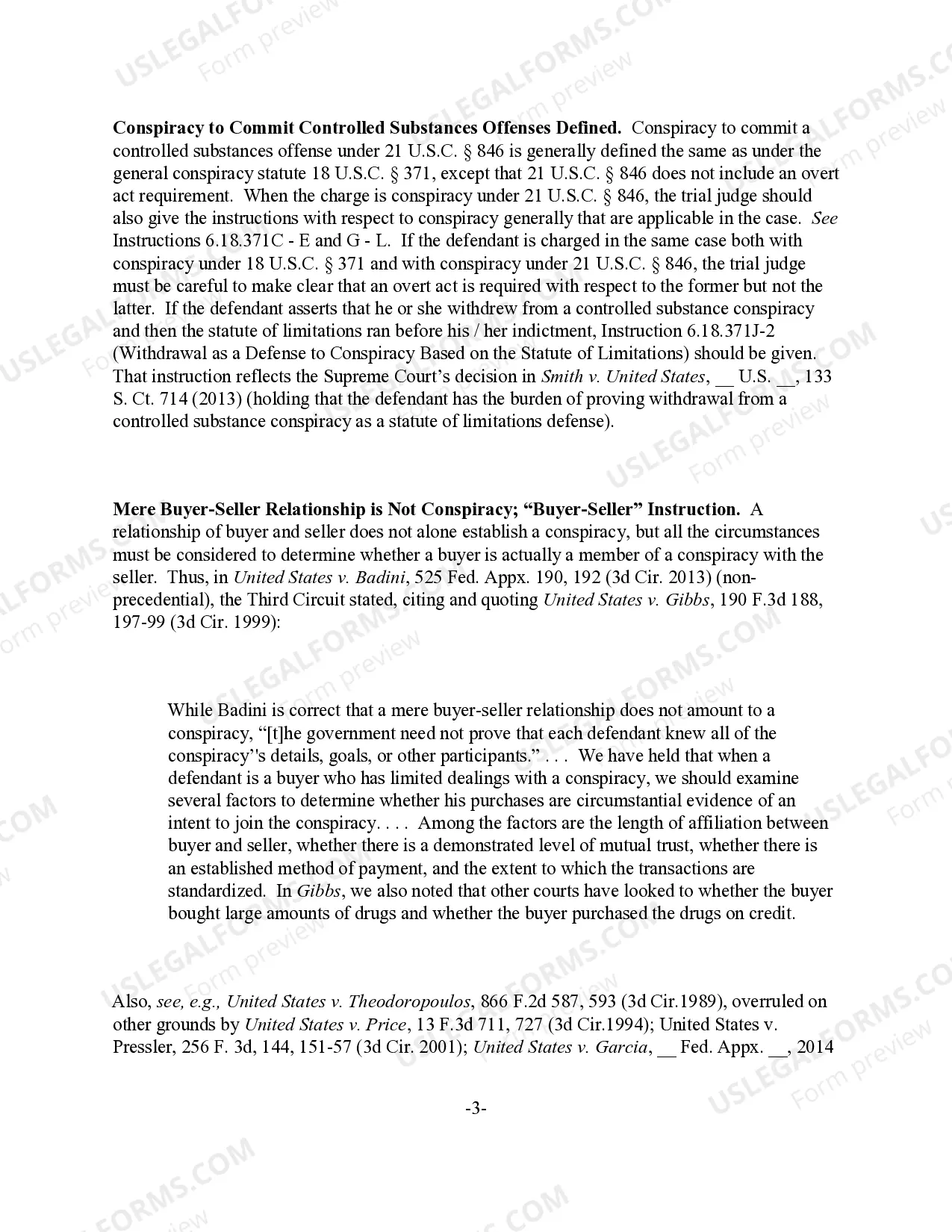 Preview Conspiracy to (Distribute) (Possess with Intent to Manufacture / Distribute) (Manufacture) (Possess) a Controlled Substance (21 U.S.C. Sec. 846)