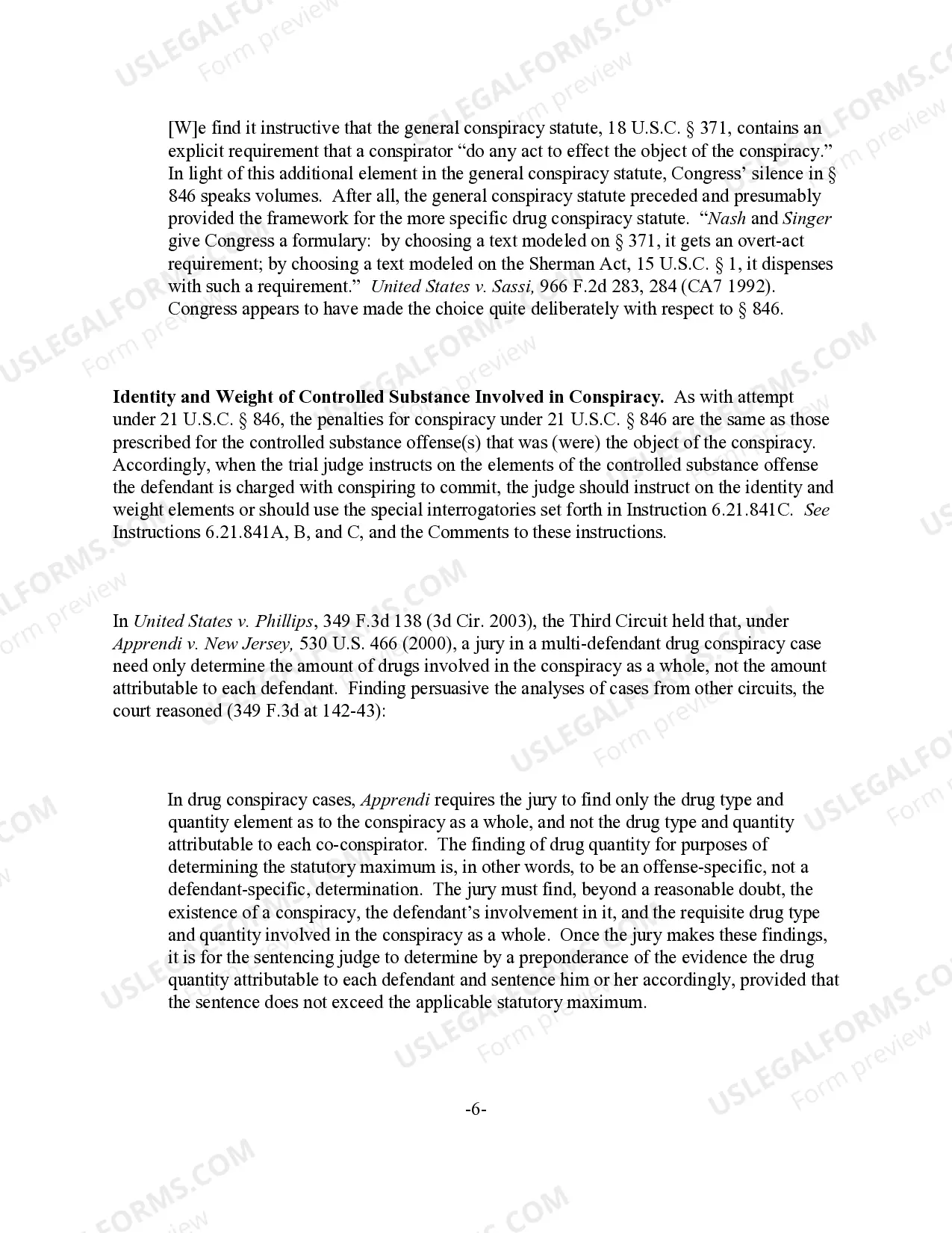 Preview Conspiracy to (Distribute) (Possess with Intent to Manufacture / Distribute) (Manufacture) (Possess) a Controlled Substance (21 U.S.C. Sec. 846)
