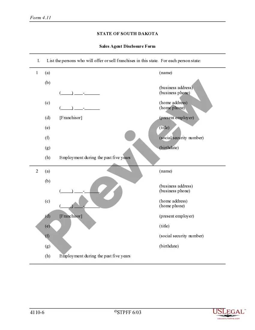 Preview South Dakota Franchise Registration Application