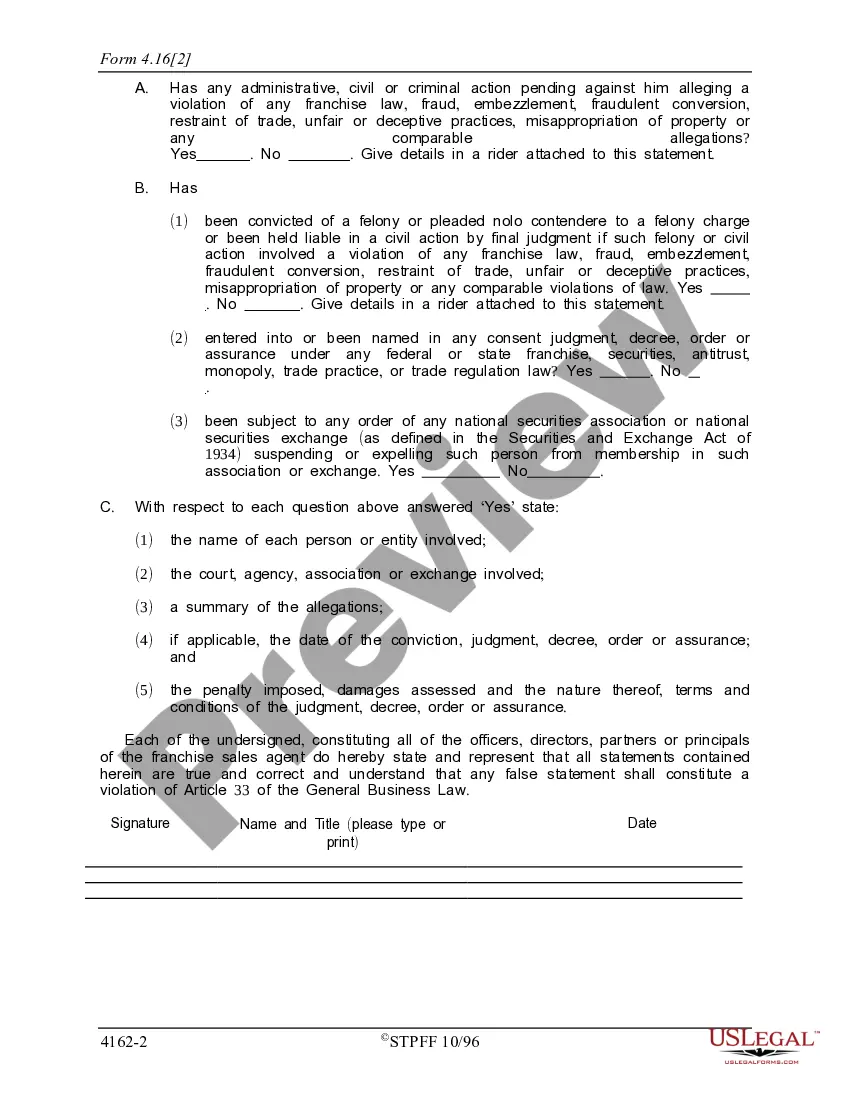 Get New York Franchise Sales Agent Statement Preview New York Franchise Sales Agent Statement