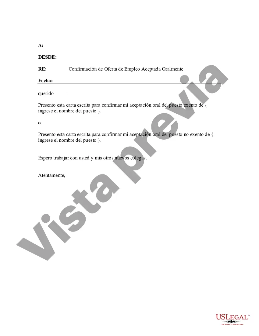 Preview Confirmación de Oferta de Empleo Aceptada Oralmente del Solicitante a la Compañía - Puestos Exentos o No Exentos