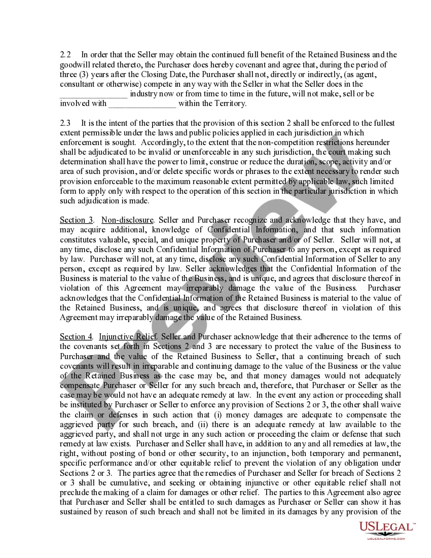 Preview Noncompetition Agreement - Business purchase and sale