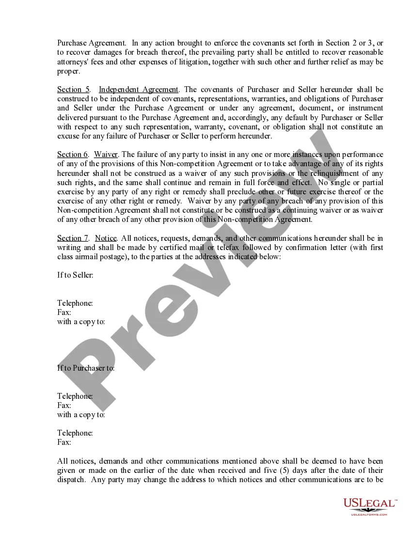 Preview Noncompetition Agreement - Business purchase and sale