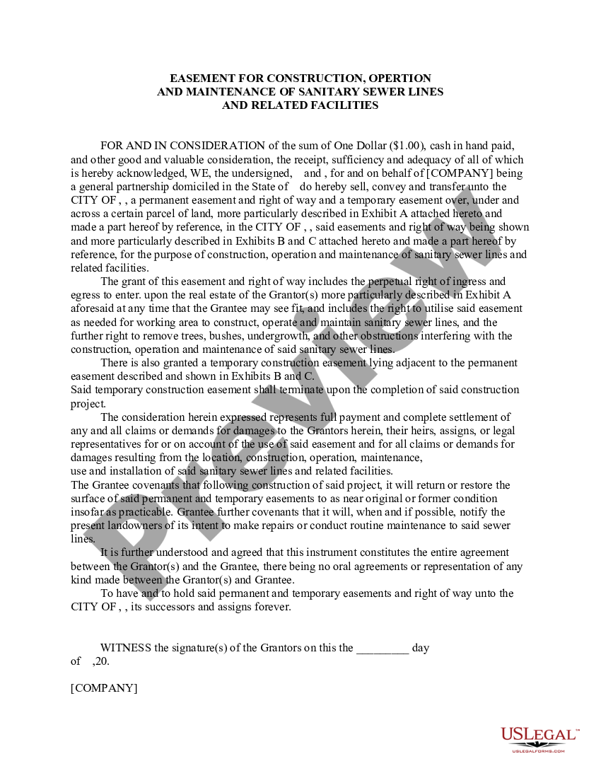 Easements For Construction Operation And Maintenance Of Sanitary Sewer Lines Us Legal Forms