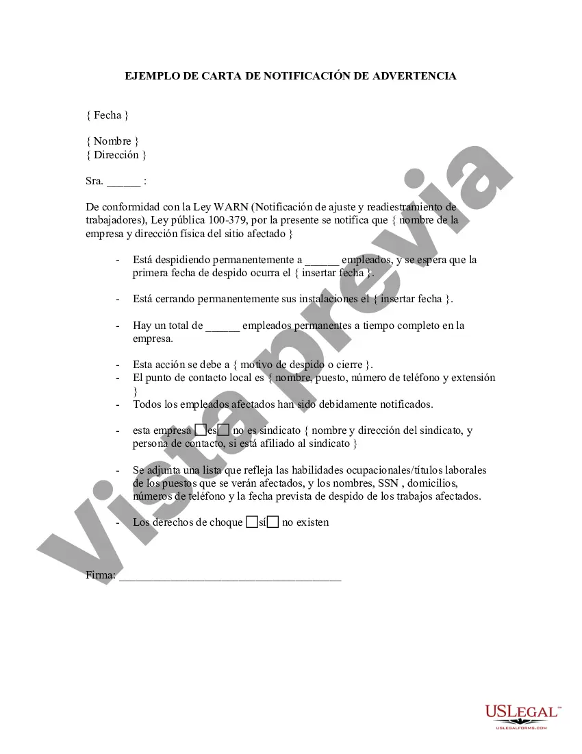 Preview Ejemplo de carta de notificación de WARN - Aviso general para empleados