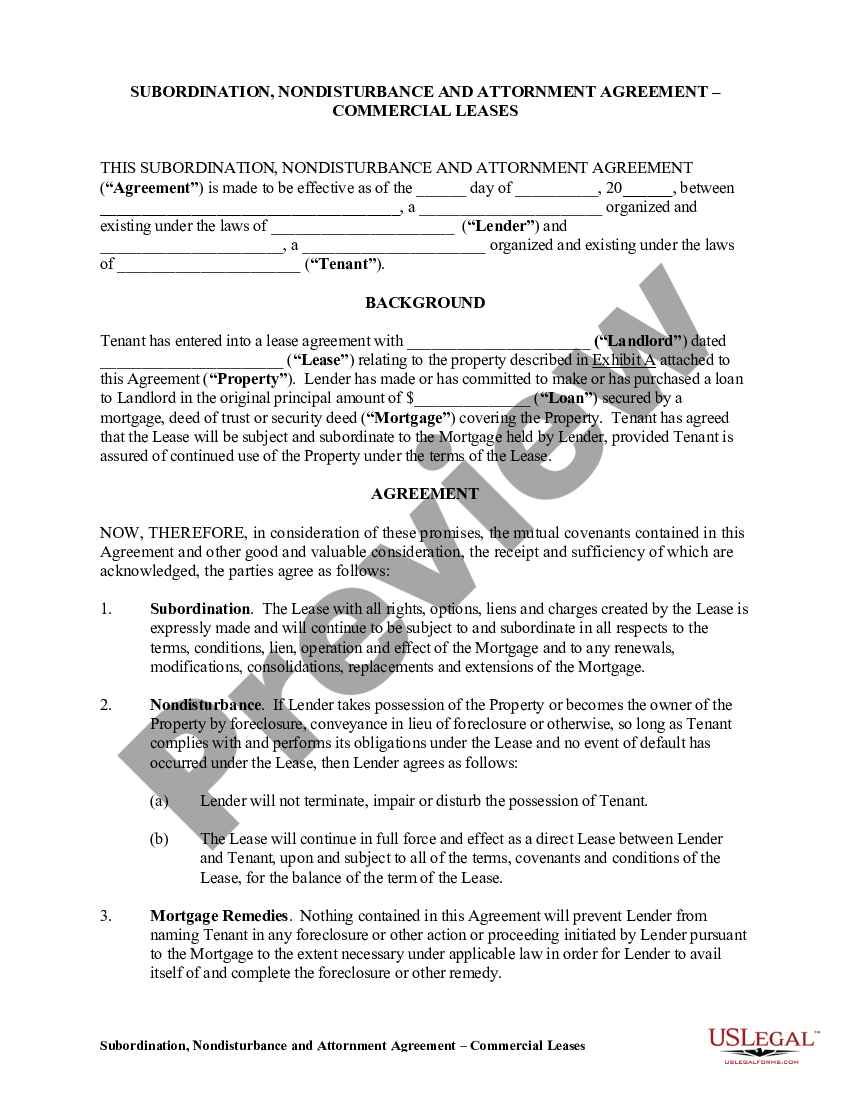 Subordination, Nondisturbance and Attornement Agreement | US Legal Forms