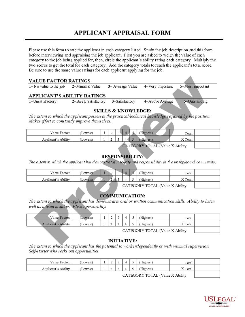 Collin Texas Applicant Appraisal Form US Legal Forms