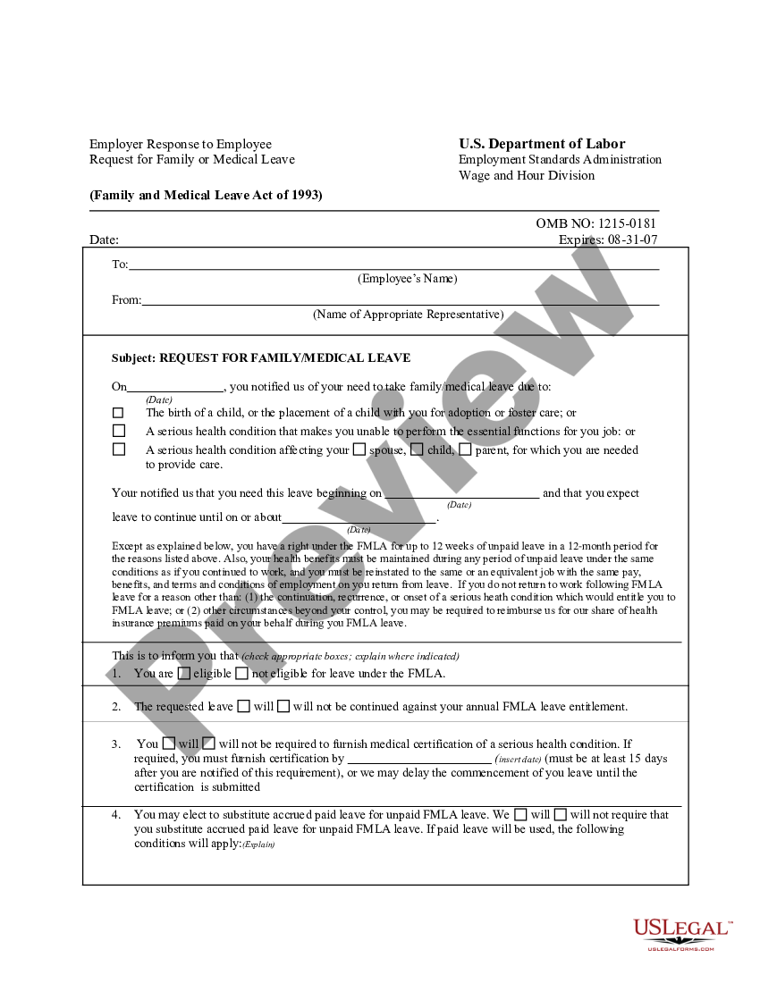 Louisiana Employer FMLA Response Form WH 381 Wh 381 US Legal Forms