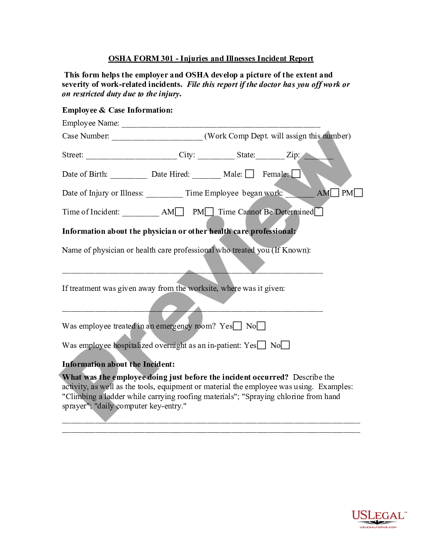 Pima Arizona Injuries and Illnesses Incident Report - OSHA Form 301 ...