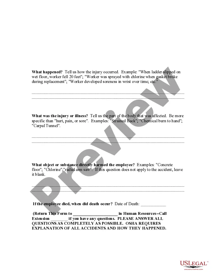 Get Injuries and Illnesses Incident Report - OSHA Form 301 Preview Injuries and Illnesses Incident Report - OSHA Form 301