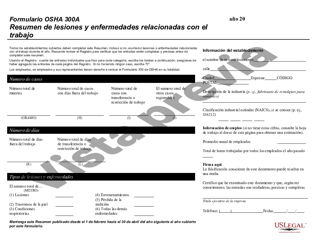 Preview Resumen de registro de lesiones y enfermedades relacionadas con el trabajo: formulario OSHA 300 + 300A