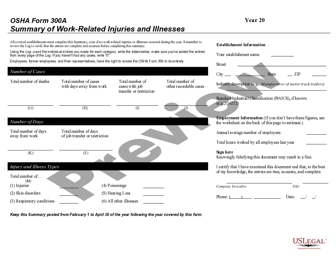 Preview Log Summary of Work Related Injuries and Illnesses - OSHA Form 300 + 300A