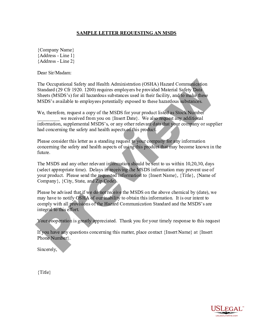 Arizona Sample Letter Requesting A Material Safety Da 