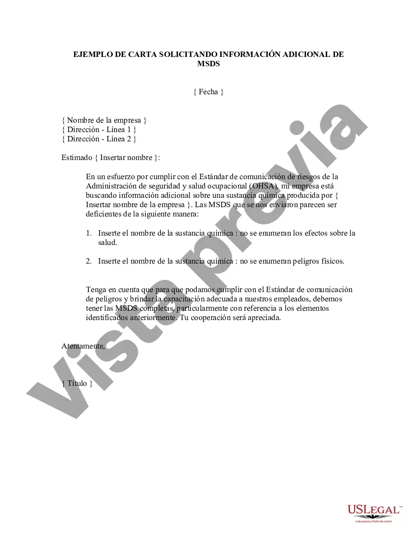 Preview Modelo de carta solicitando información adicional sobre la hoja de datos de seguridad del material - MSDS