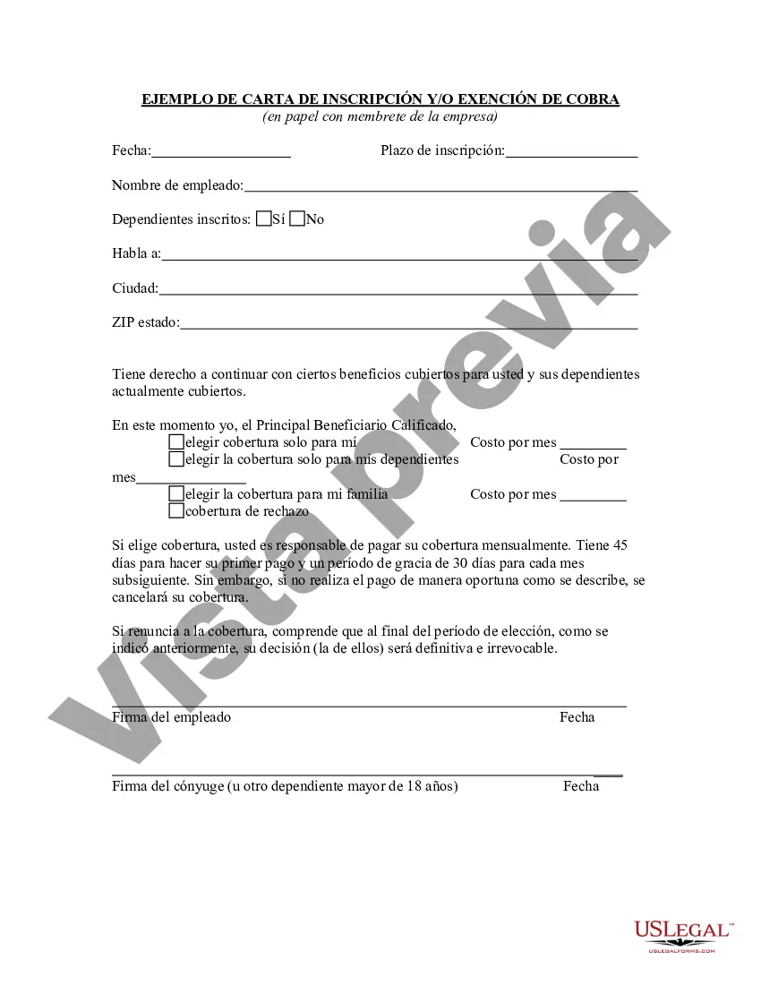 Preview Ejemplo de carta de inscripción y/o exención de COBRA