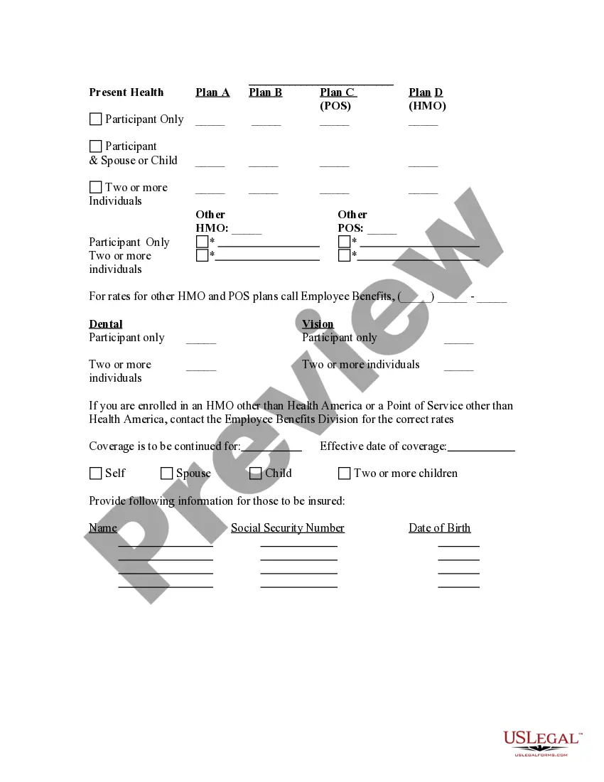 Get Election Form for Continuation of Benefits - COBRA Preview Election Form for Continuation of Benefits - COBRA
