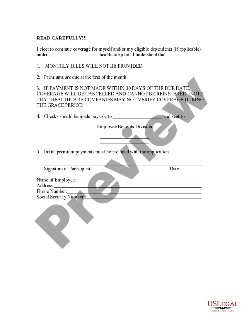 Get Election Form for Continuation of Benefits - COBRA Preview Election Form for Continuation of Benefits - COBRA
