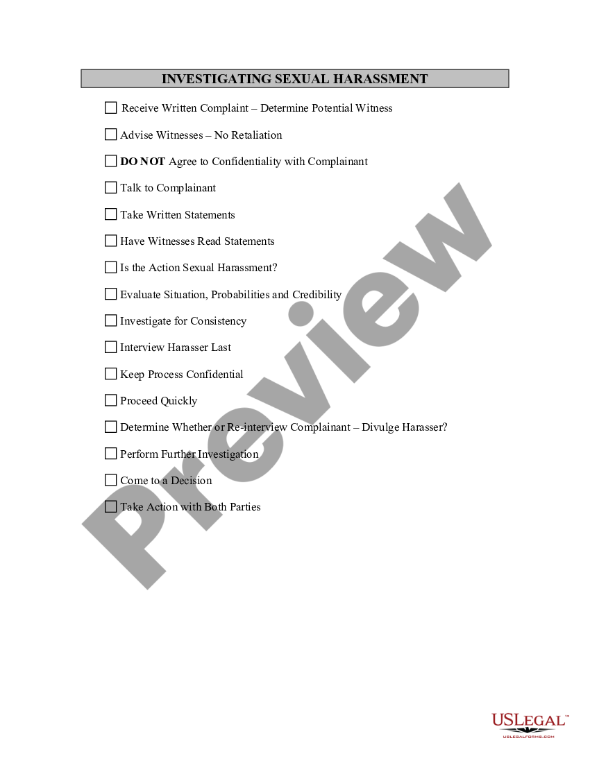 Illinois Investigating Sexual Harassment Checklist Workplace Harassment Us Legal Forms