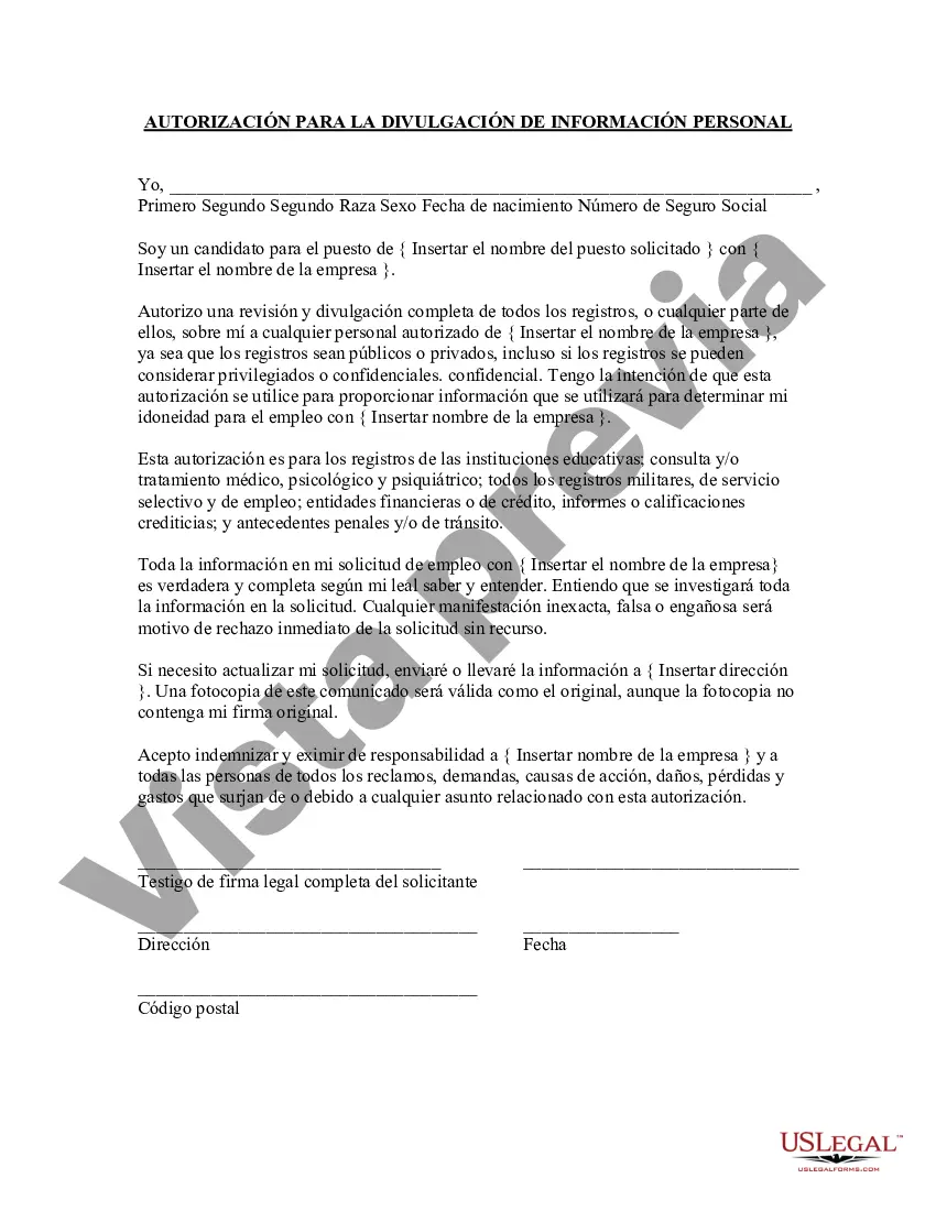 Preview Autorización para la divulgación de información personal