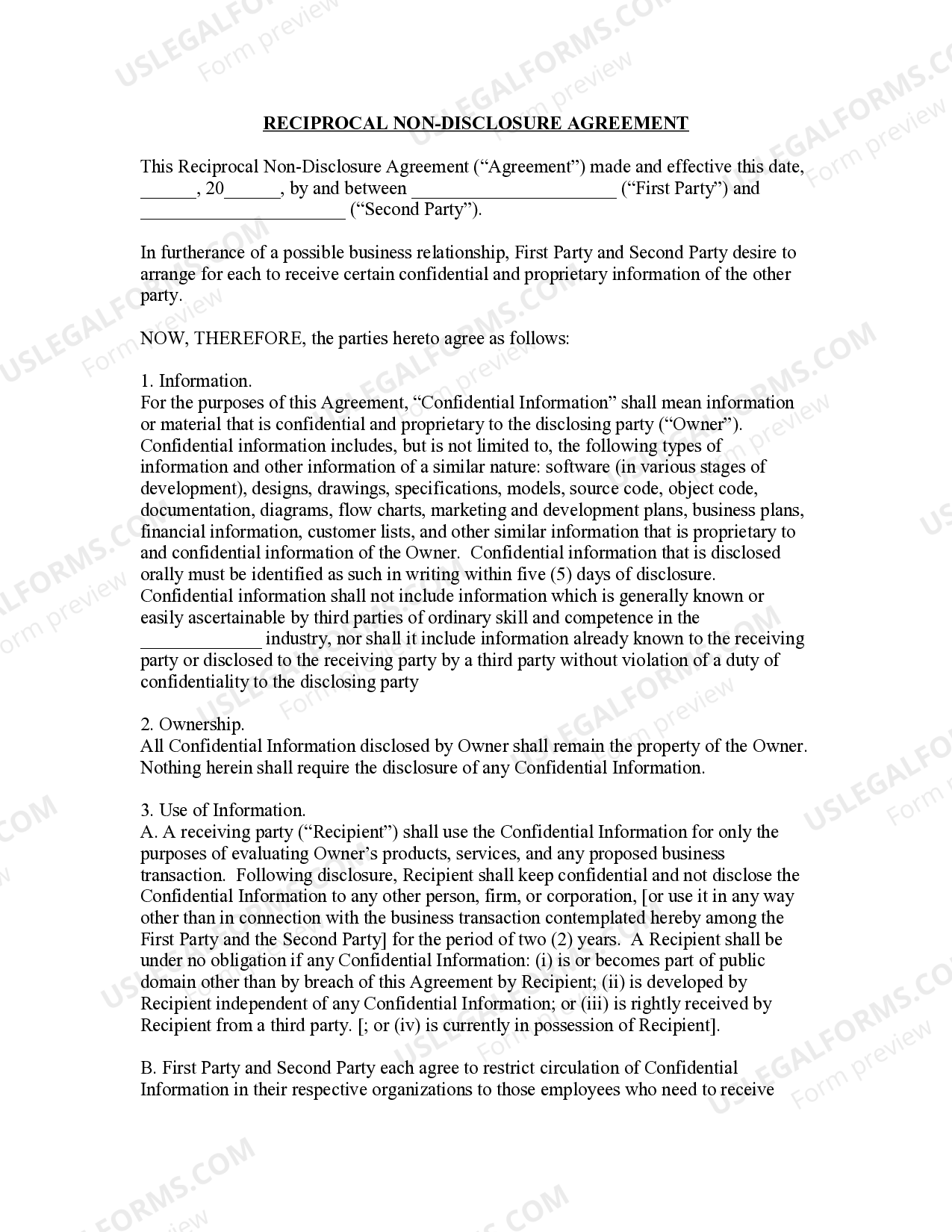 Reciprocal Nondisclosure Agreement Agreement Form Contract Pdf US Legal Forms