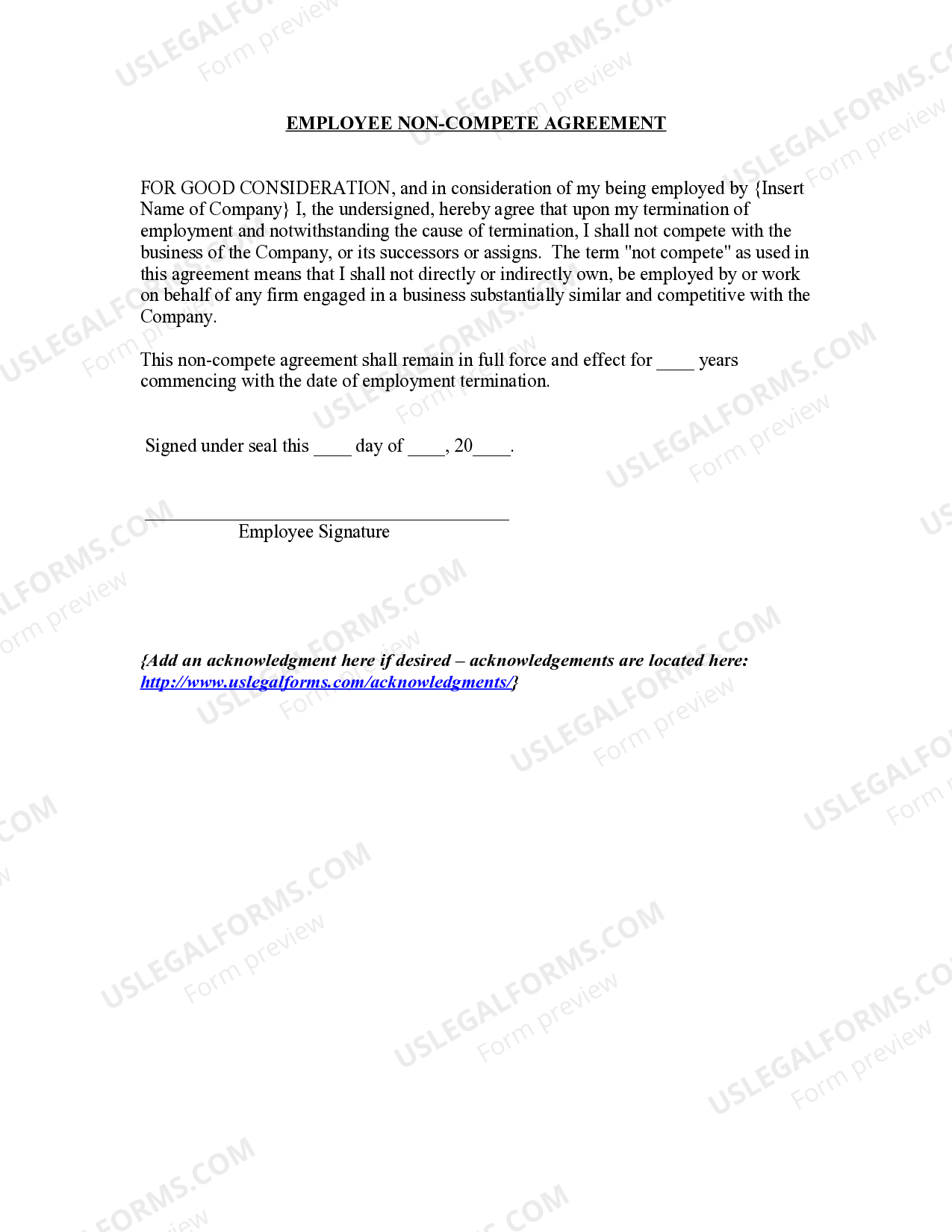 Michigan Agreement for Employees Non Compete Agreement