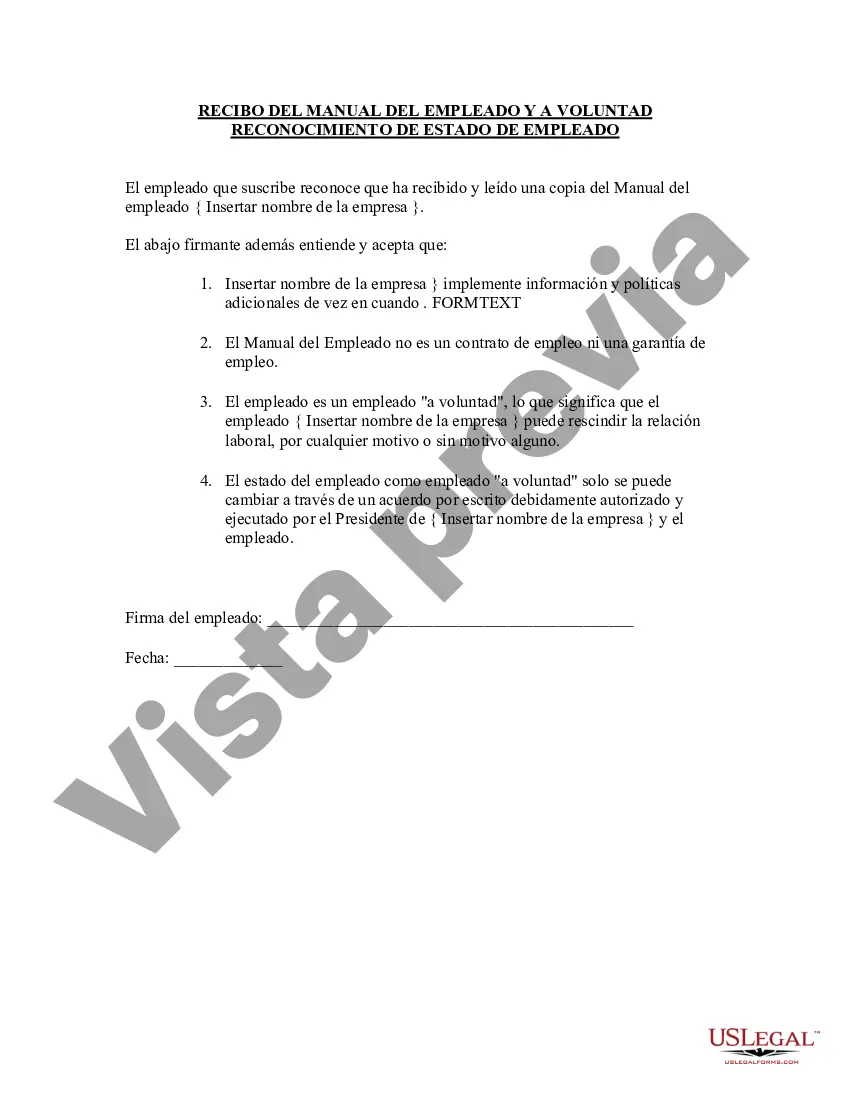 Preview Recibo del manual del empleado y reconocimiento del estado del empleado a voluntad