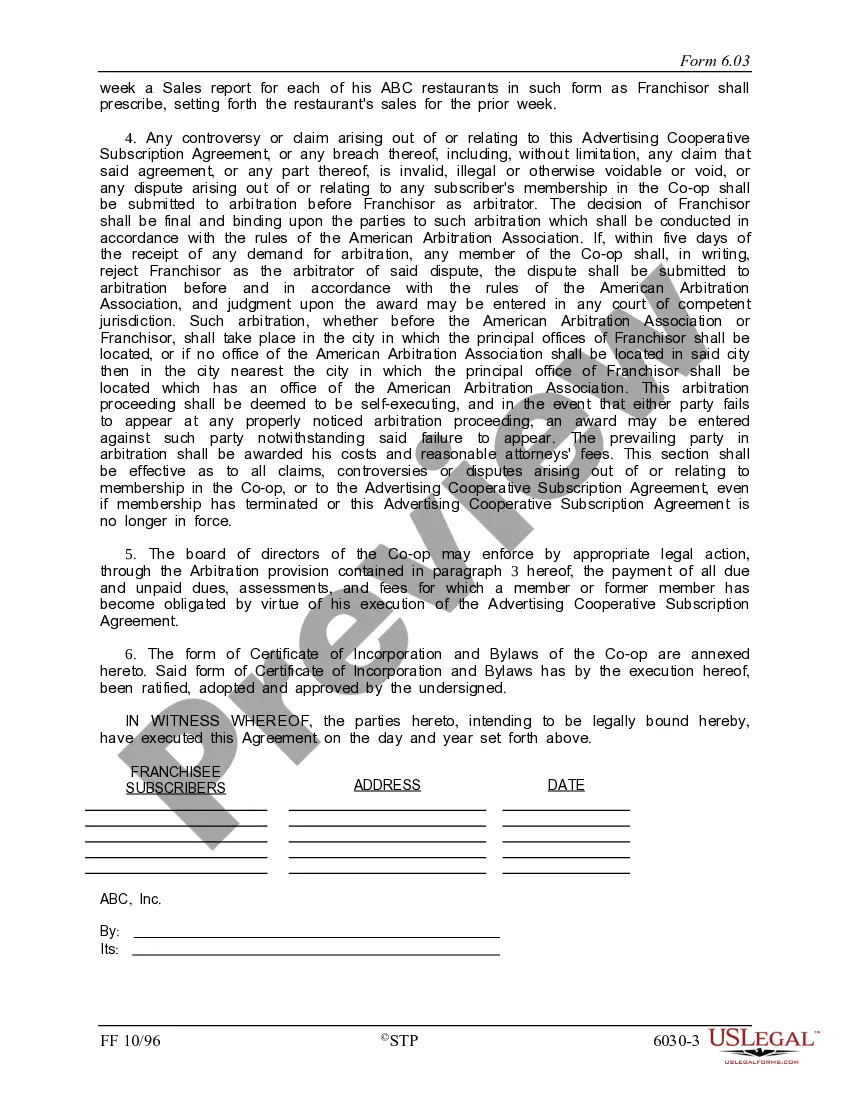 Get Subscription Agreement for an Advertising Cooperative Preview Subscription Agreement for an Advertising Cooperative