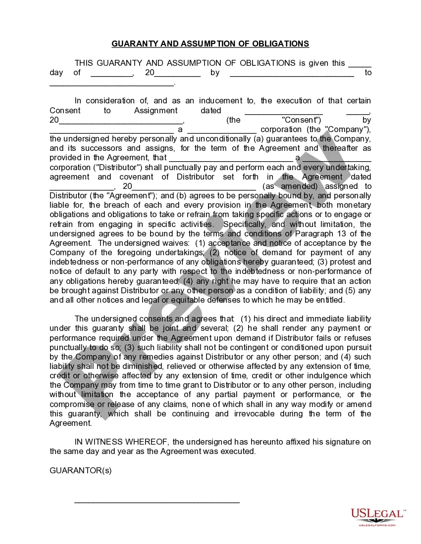 Preview Guaranty by Distributor to Corporation of Payment of Distributorship Funds by Assignee Due to Assignment