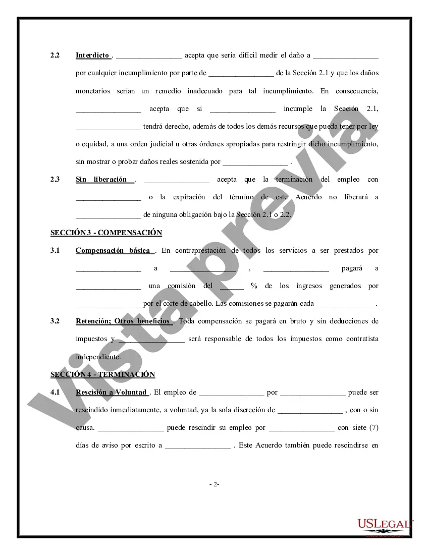 Preview Acuerdo de Empleo de Contratista Independiente para Trabajadores por Cuenta Propia - Peluquería o Peluquería