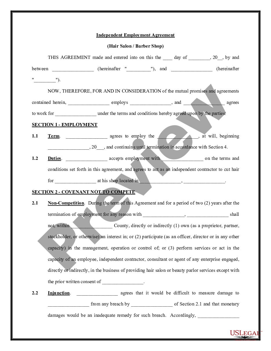 Self Employed Independent Contractor Employment Agreement Barber Form