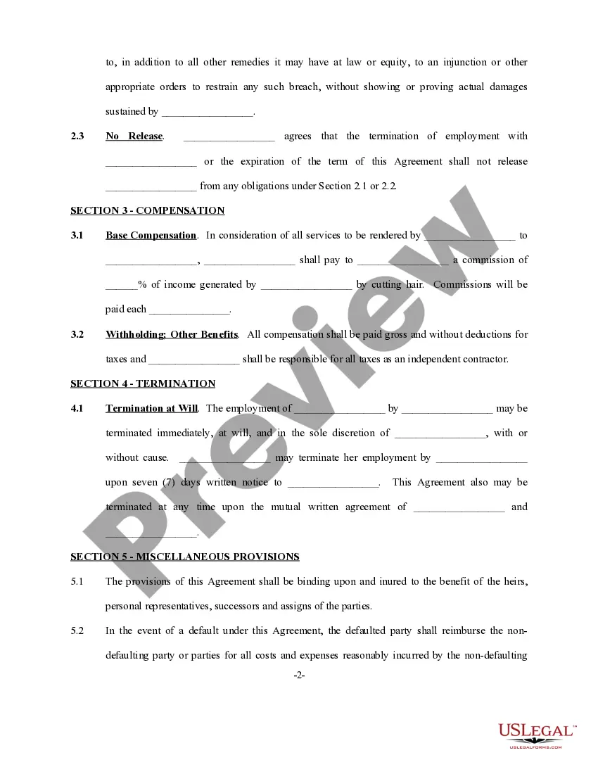 Preview Self-Employed Independent Contractor Employment Agreement - Hair Salon or Barber Shop