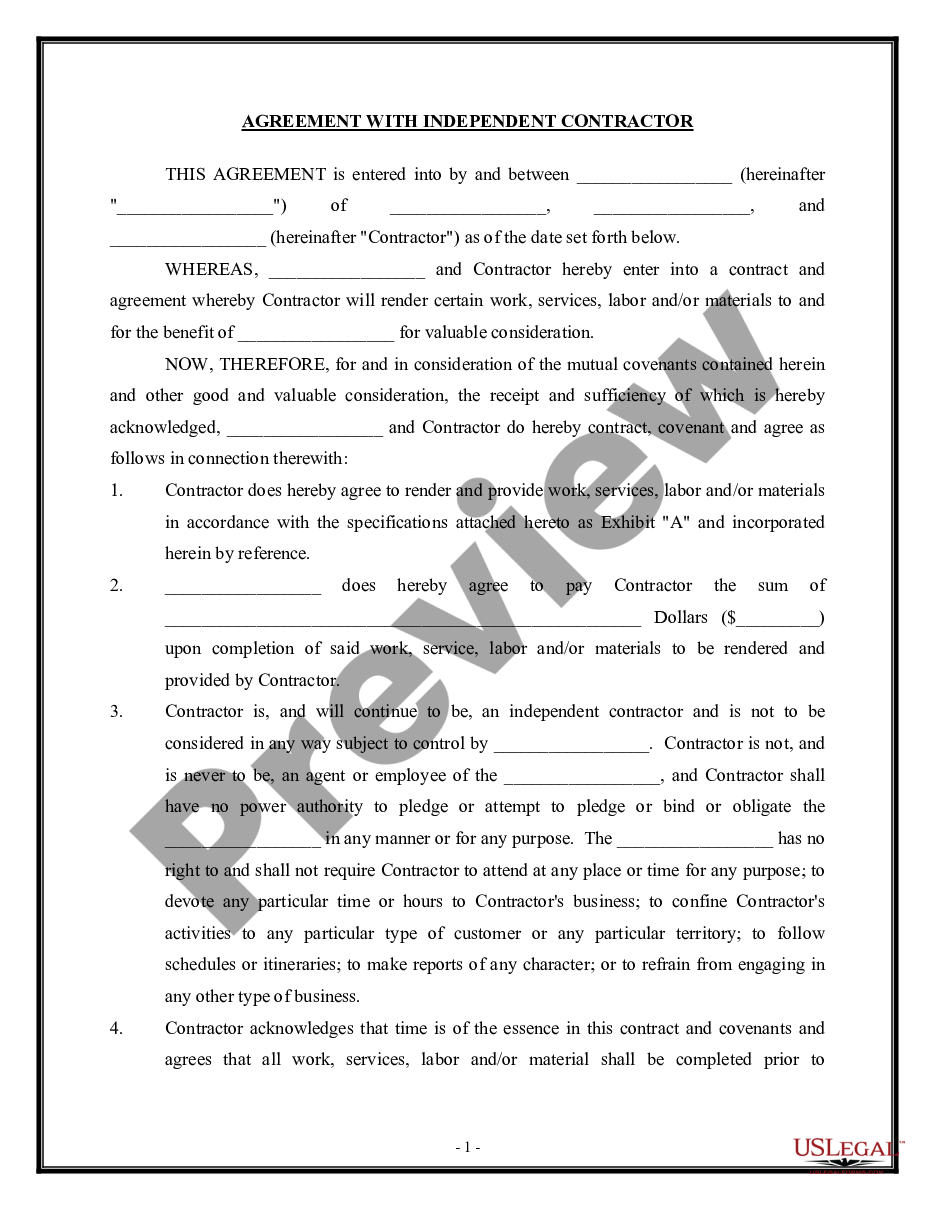 page 0 Self-Employed Independent Contractor Employment Agreement - work, services and / or materials preview