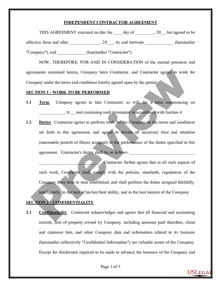 form Self-Employed Independent Contractor Employment Agreement - General preview