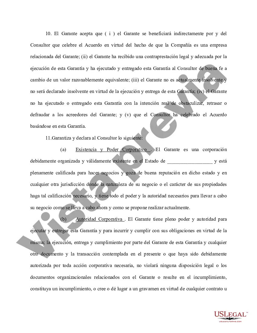 Preview Acuerdo de garantía personal de la corporación para pagar al consultor