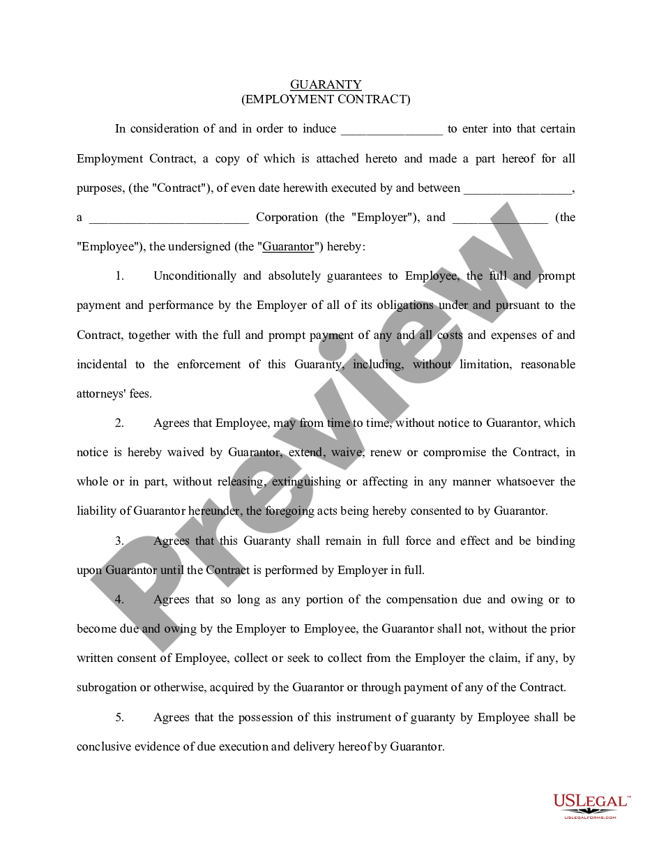 page 0 Personal Guaranty of Employment Agreement Between Corporation and Employee preview
