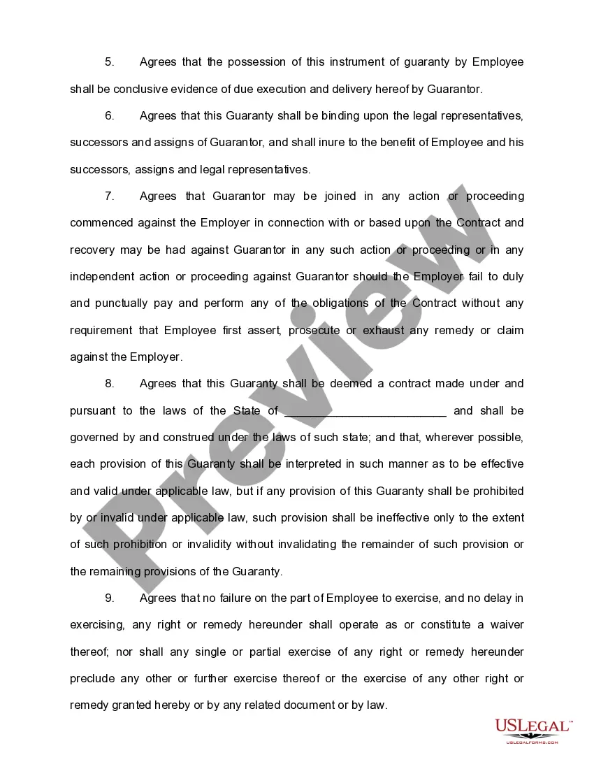 Preview Personal Guaranty of Employment Agreement Between Corporation and Employee
