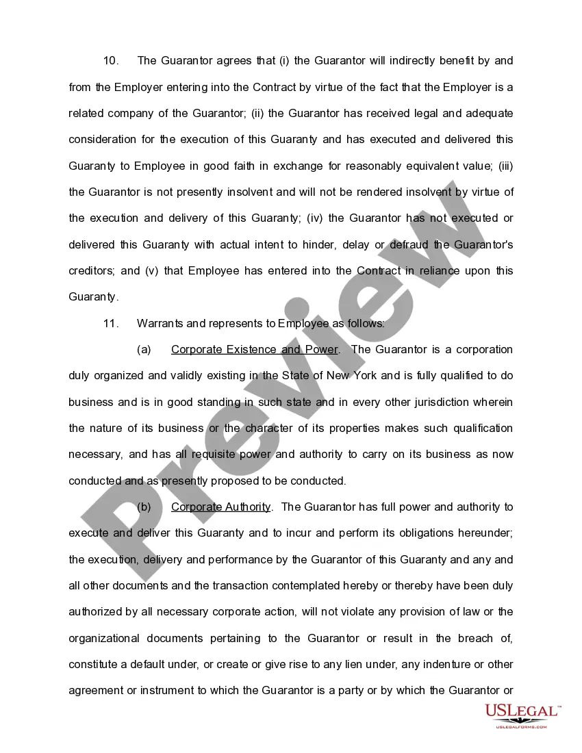 Preview Personal Guaranty of Employment Agreement Between Corporation and Employee