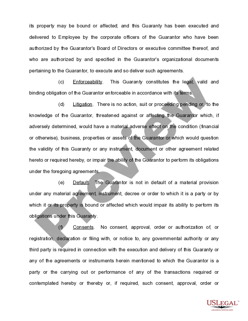 Preview Personal Guaranty of Employment Agreement Between Corporation and Employee