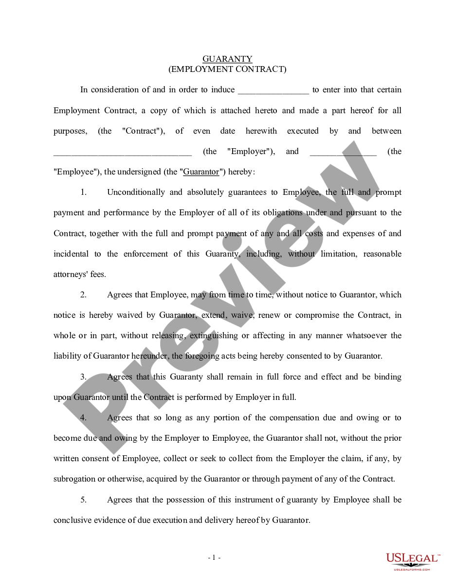 page 0 Personal Guaranty of Employment Agreement Between Employer and Employee - Individual Employer preview
