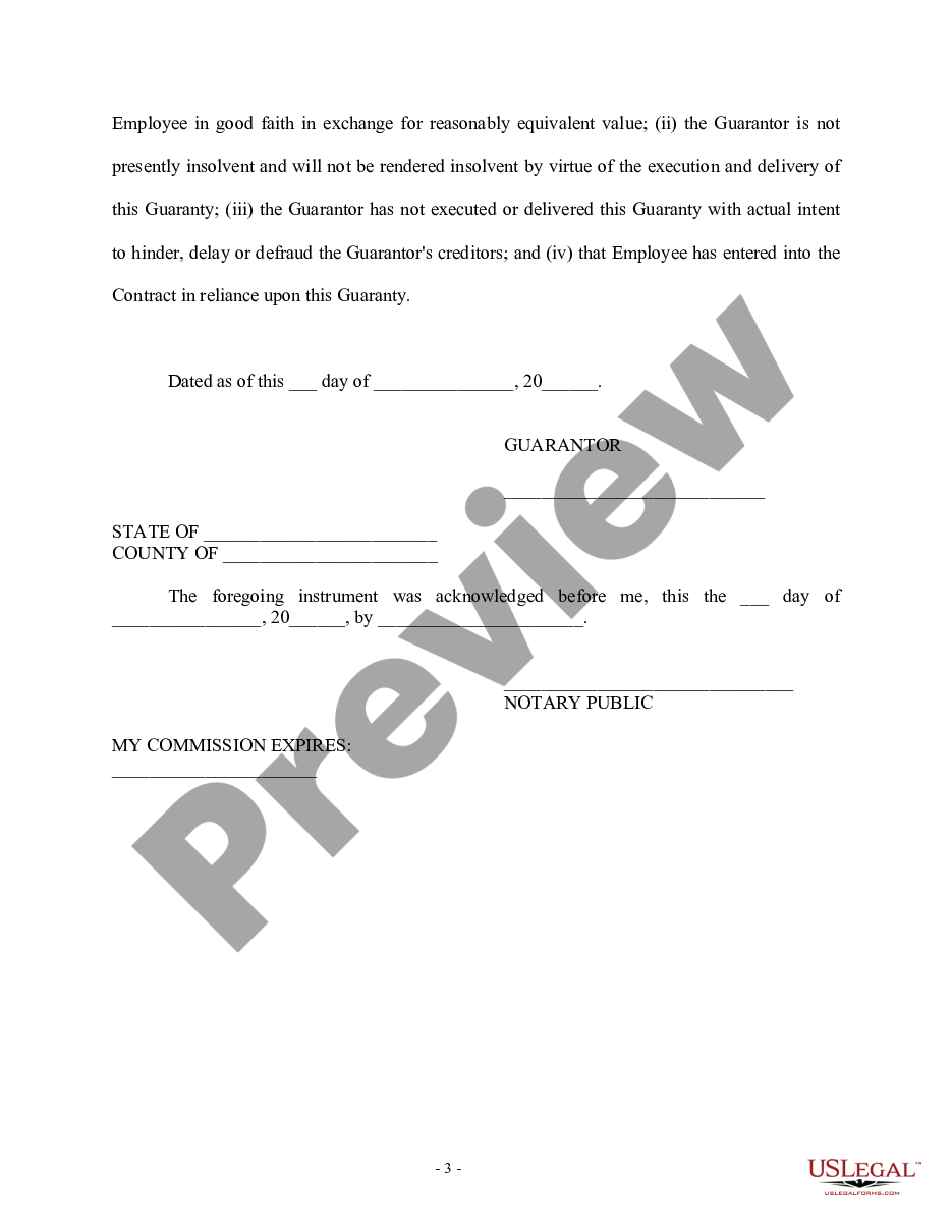 page 2 Personal Guaranty of Employment Agreement Between Employer and Employee - Individual Employer preview